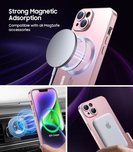 Image of DIZORO Magnetic Case for iPhone 14 Plus Cover [Compatible with MagSafe][Built-in Camera Lens Protector] Slim Soft Silicone Bumper Shockproof Metallic Luster Back Cover Phone Cases (Pink)