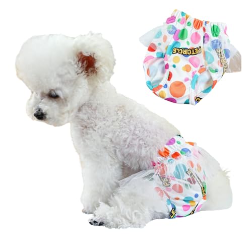 MEIAOJIA 犬 オムツ 生理パンツ 犬用 おむつ 雌犬 サニタリーパンツ 発情期用 小型犬 女の子 月経 オムツパンツ 可愛い柄 レース ドレス 通気 洗濯可 再利用可能(多彩バブル,L)