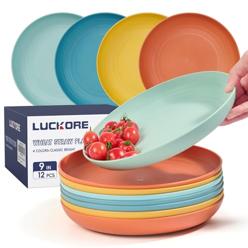 Luckore 9 inch Deep Dinner Plates Set of 12 Wheat Straw Plates, Unbreakable Dinner Dishes Alternative for Plastic Microwave and Dishwasher Safe for Kitchen with 4 Colors Classic Bright