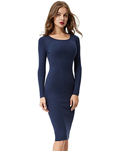 GLOSTORY Women's Knee Length Long Sleeve Knitted Ribbed Screw Neck