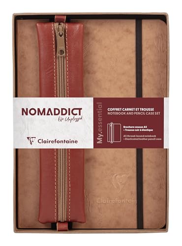 Carnet A5 Clairefontaine en cuir d'agneau Tabac avec trousse assortie