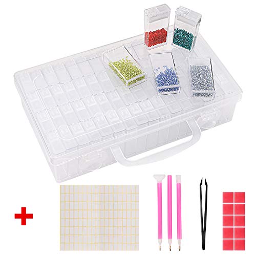 64 Grids Diamond Painting Drill Storage Container, Beads Organizer Storage Case with Label and 1Tweezers and 3 Diamond Stitch pens and 10 Glue Clay.