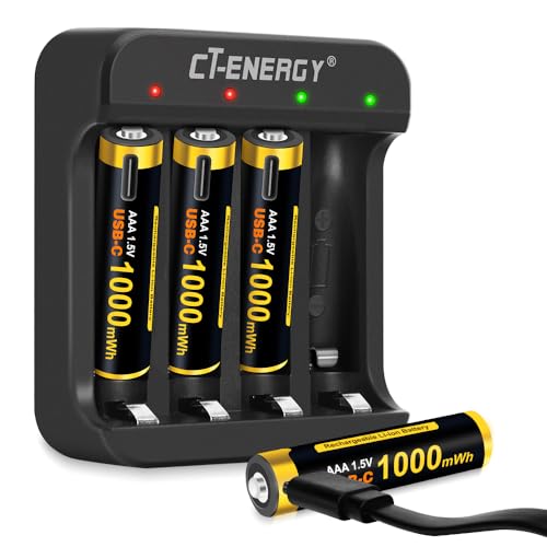 Rechargeable AAA Batteries with Charger,4 Count 1000mWh 1.5V Constant Lithium Triple A Batteries with 4 Bay Smart Battery Charger for Lithium Batteries AA/AAA Rechargeable