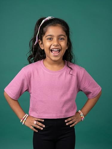 Image of KiddoPanti Girls 100% Cotton Solid Drop Shoulder Half Sleeve Round Neck Crop Tee