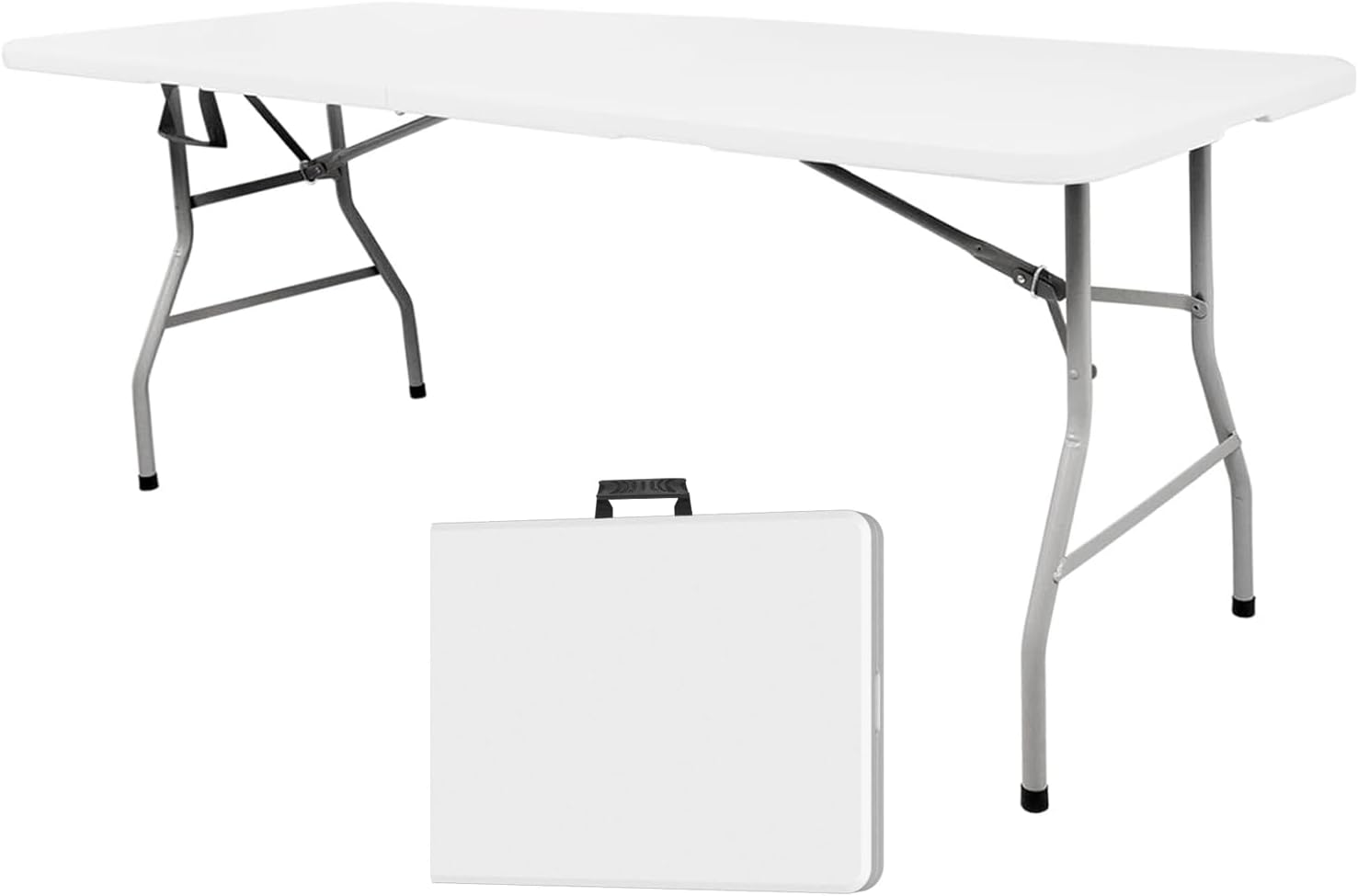 6ft Folding Table - Portable Heavy Duty Plastic Utility Table for Indoor/Outdoor Use, Ideal for Camping & Parties, Features Convenient Handle & Lock - White