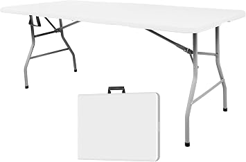 6ft Folding Table Portable Heavy Duty Plastic Utility Foldable Table Indoor Outdoor for Camping, Party with Handle, Lock - White