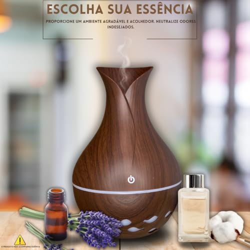 Umidificador de Ar 300ML Ultrassônico Na Cor Madeira Escura Com 4 Cores de Led Portátil, Aromatizado