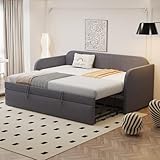 SUKY Cama tapizada sofá cama extensible 90/180 x 190 cm, tejido de lino cómodo y transpirable (gris)