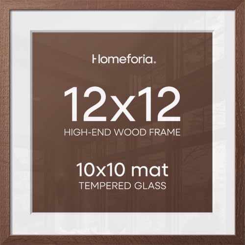 Image of Homeforia 12x12 Frame Brown Wood, High End Dark Oak 12 x 12 Square Picture Frame with Mat 10 x 10 for Photo, 12by12 Wooden Walnut Poster Frame Matted to 10x10 Print, Tempered Glass, Wall Kit, Set of 3