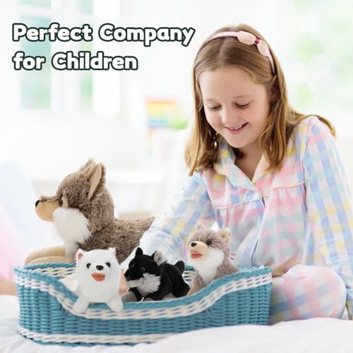 MorisMos liegend Wolf Kuscheltier XXL, 50cm riesen groß Plüschtier Wolf mit 3 Baby, PlüschWolf Stofftier Weich Spielzeug, Geburtstag Geschenk für Kinder