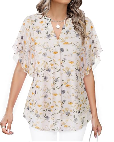 Image of Timeson Women's Short Sleeve V Neck Blouses Shirts Floral Double Layers Mesh Tunics Tops