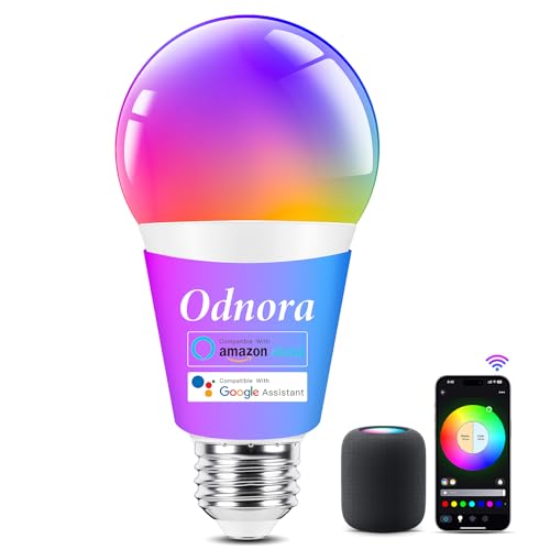 Odnora LED Smart Light Bulbs, Color Changing Light Bulb 9W, Compatible with Alexa & Google Assistant, 2.4GHz Bluetooth WiFi Light Bulbs, 16 Million Colors RGBTW A19 60W Equivalent Bulb, 800LM, 1 Pack