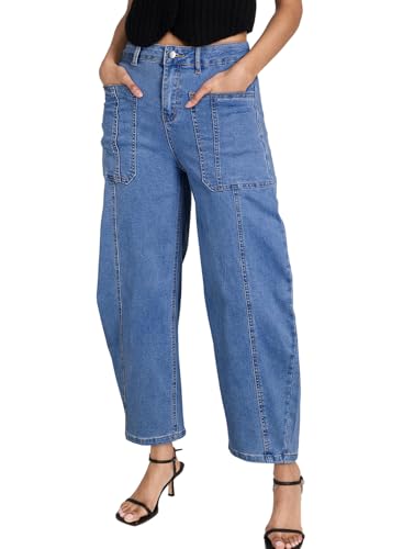 EVALESS Barrel Jeans for Women Trendy High Waisted Wide Leg Baggy Ankle Denim Pants