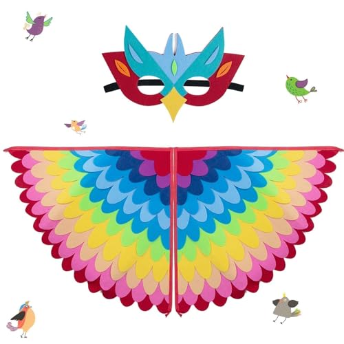 Aitsite Vogelflügel Kostüm Umhang Verkleidungskiste für Kinder Vogel Kostüm Kinder Eulen Kostüm mit Filzaugen Maske Verkleidung Kinder Papagei Kostüm für Jungen Mädchen Karneval Cosplay Party