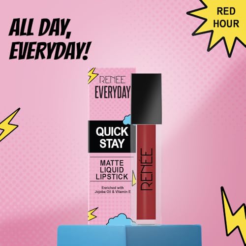 Image of RENNE Everyday Quick Stay Liquid Lipstick - Red Hour, Velvety matte Finish, Long-Lasting & Lightweight, Hydrating & Non-Drying Formula, Ultra-rich Pigment, Jojoba Oil & Vitamin E Infused