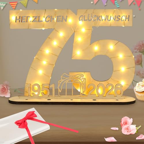 Seutgjie Originelle Geschenk 75 Geburtstag Mann Frau 1951-2026 Deko 75. Geburtstag Holz Schild Gästebuch Geldgeschenke Geburtstag 75 mit LED Lichterkette Geschenkpapier