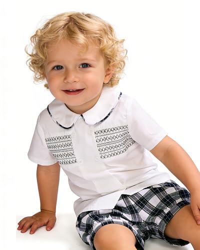 Image of Twoflower Smocked toddler boy outfits Summer Cotton Short Sleeve boys' button-down shirts Casual 2 piece Clothing Set