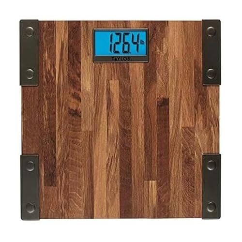 Taylor Digital Scales for Body Weight, Extra High Accurate 440 LB Capacity, Unique Blue LCD, Farmhouse Look, Auto On and OffScale, 12.4 x 12.4 Inches, Brown
