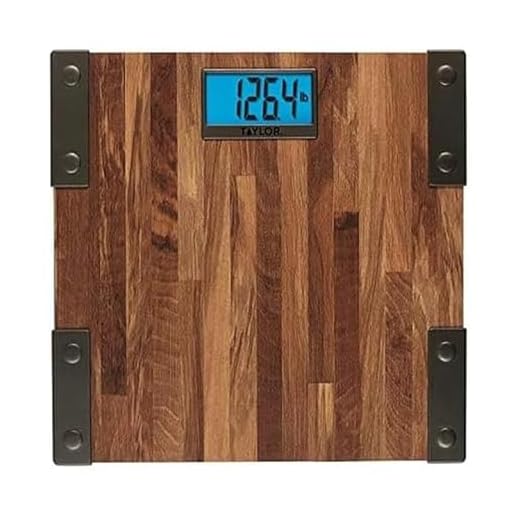 Taylor Precision Products Digital Scales for Body Weight, Extra High Accurate 440 LB Capacity, Unique Blue LCD, Farmhouse Look, Auto On and Off Scale, 12.4 x 12.4 Inches, Brown