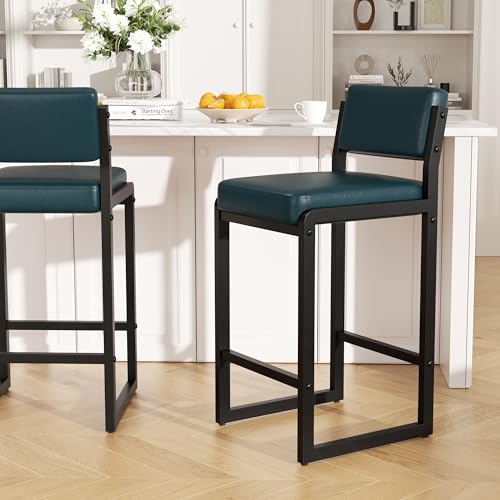 Image of 26IN Modern Bar Stools, Faux Leather Counter Height Barstools with Back and Footrest, Sturdy Thickened Metal Leg, Kitchen Bar Chairs for Island, Dark Blue