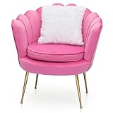 Magshion Modern Scalloped Back Accent Velvet Upholstered Armchair with Golden Legs and Soft Pillow for Living Room, Comfy Vanity Chair, Tufted Guest Chair, Pink