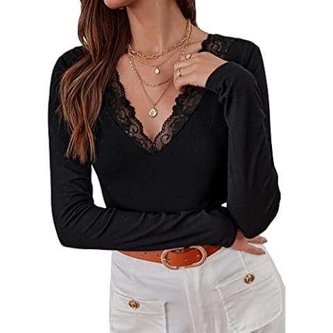 SOLY HUX Women's Lace Trim Long Sleeve Bodysuit V Neck Ribbed Knit Top Black L Cover