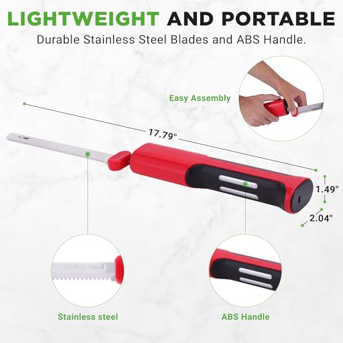 NutriChef Cordless Electric Knife | Easy to Use Constant ON/OFF Safety Function | Lightweight Kitchen Knife | Carve Turkey, Meats, Poultry, Bread & Cheese | 11.42’’ Stainless Steel Blades | Red