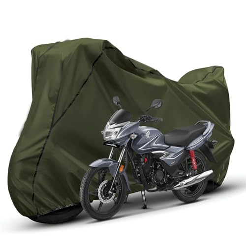 Image of Waterproof Bike Body Cover Compatible with Honda Shine Dustproof Scratchproof - Motorcycle Cover for Two Wheeler, Outdoor Full Cover with UV, Duty, Rain Protection (Olive with Black) R1