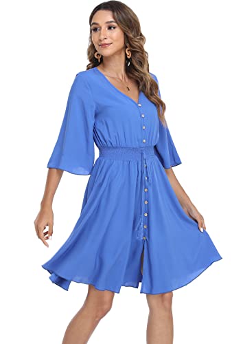 Image of VintageClothing Women's Floral Sundresses Flowy Boho Summer Beach Dress | Lightweight Breathable material,Elegant V Neck and Button Front Design,Flared Bell Sleeve Cut,Mini Casual dress
