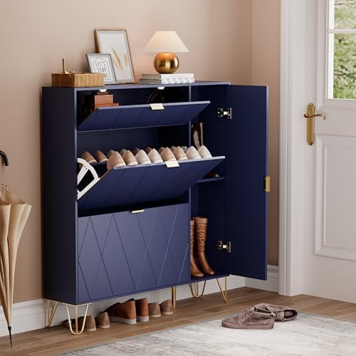 UEV Zapatero Ahorrador de Espacio con 3 Puertas Abatibles, Entrada de Zapatero, Zapater para 16 Pares en Robusta Madera de Construcción, 105 x 24 x 120 cm, Azul