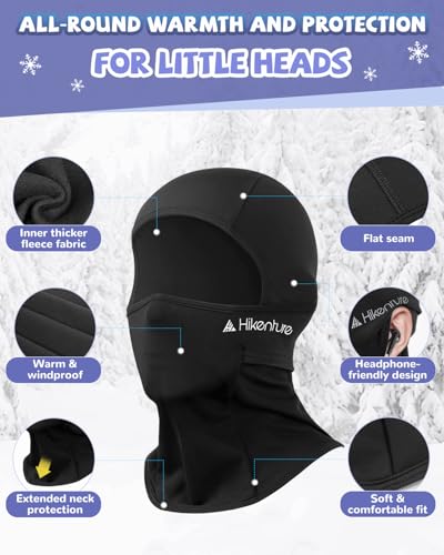 Hikenture Kids Ski Mask Balaclava, Winter Face Mask Under Helmet for Boys Girls, Thermal Windproof Fleece Children Running Beanie, Black,A23
