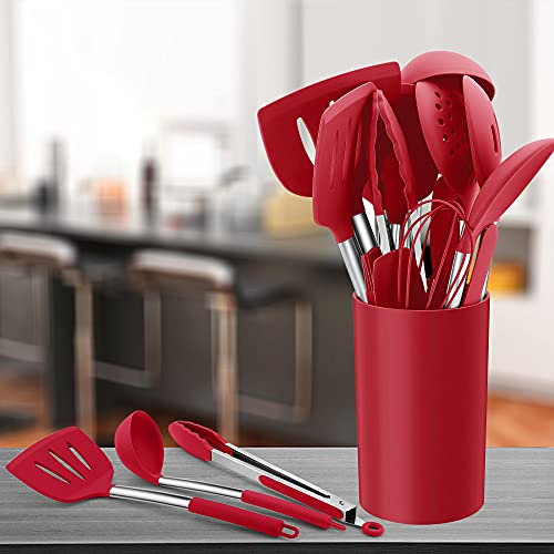Herogo Küchenhelfer Set, 25 Stück Silikon Küchenutensilien mit Halter, Hitzebeständiger Kochbesteck Set mit Edelstahlgriff, Antihaft Kochutensilien Küchenset, Aufbewahrungsbehälter, Rot