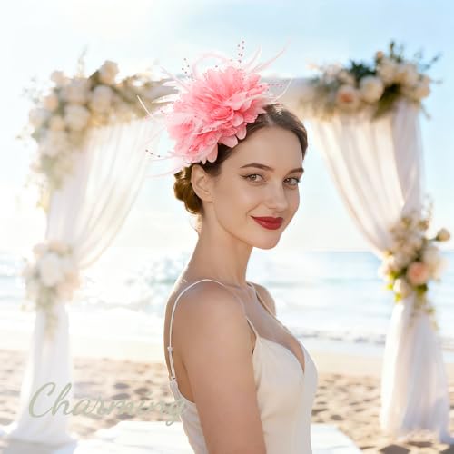 Image of DRESHOW Womens Fascinators Hats Tea Party Hats for Women Pearl Lace Feather Hat Vintage Derby Hats for Wedding Cocktail