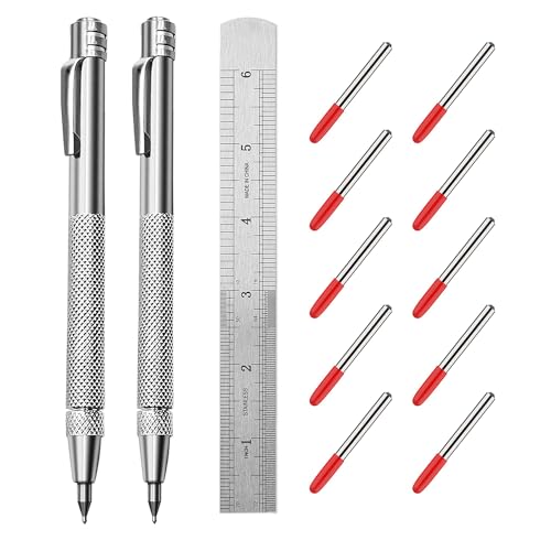 Ofasixx 2 Pack Tungsten Carbide Tip Scriber Tool with 10 Refills 1 Ruler, Metal Scribe Scriber Marking Tools with Magnet, Premium Etching Engraving Pen for Metal Sheet/Glass/Wood/Leather