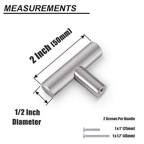 (5 Pack)Probrico 2" Single Hole Cabinet Knobs Solid Stainless Steel Brushed Nickel Kitchen Drawer Dresser Knobs Cupboard Handles Euro T Bar Pulls #TOP2