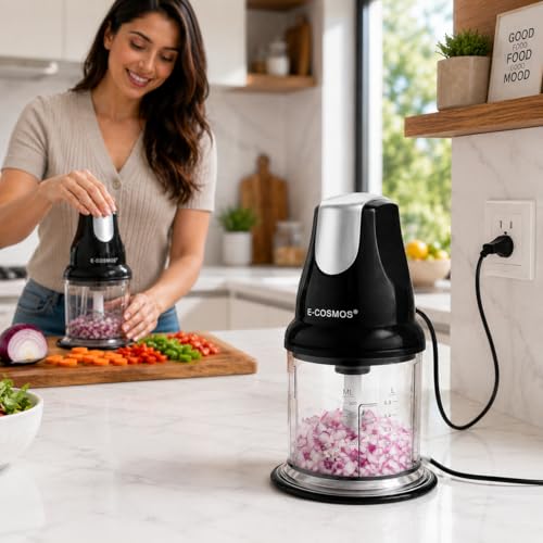 Image of E-COSMOS Ultra Fast 250 Watts Electric Chopper - Twin Blade Vegetable Cutter & Mincer - 500ml Plastic Bowl with Storage Lid - Durable 100% Copper Motor - Multi-Purpose Whisk & Blend (Black)
