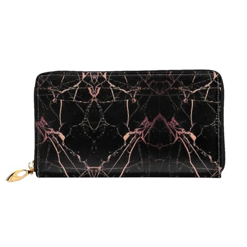 Portefeuille en cuir noir marbre or rose pour femme avec porte-cartes