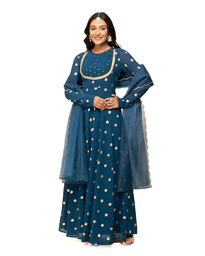 Image of FIORRA Women's Fit and Flare Floor Length Georgette Printed Gown with Dupatta