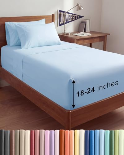 Image of Extra Deep Twin XL Sheet Set - 4 Piece Breathable & Cooling - Light Blue | Hotel Luxury Bed Sheets Set, Easy & Secure Fit, Ultra-Soft, Wrinkle & Fade Free, Comfy Sheets Set with Extra Deep Pockets