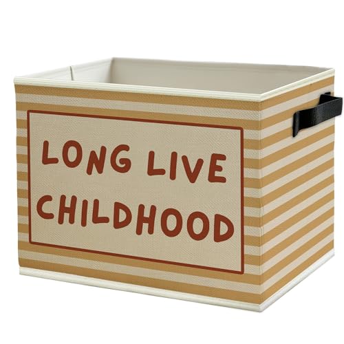 Image of Kids Storage Bins Box with Handles, Burnt Orange Striped Collapsible Basket Organizer for Kids Room Nursery Bedroom Bathroom Books Clothes