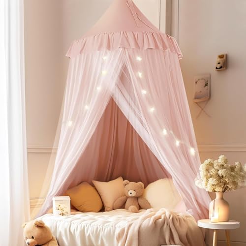 Mallify Moskitonetz Betthimmel mit Sternenlichtern atmungsaktiv & waschbar Doppelte Lage Baldachin für Mädchen Prinzessin Kinderzimmer 65 cm x 269 cm Rosa