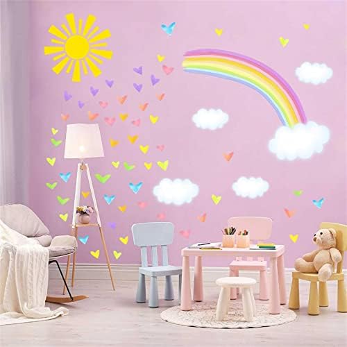 Colorful Rainbow Wall Decals Large Rainbow Sun Wall Stickers Watercolor Sun Clouds Wall Decals Cute Heart Wall Stickers for Nursery Girls Bedroom Kids Room Decor