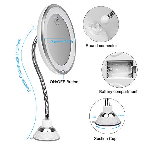 10X Magnifying Makeup Mirror, Adjustable Flexible Gooseneck LED Mirror & Locking Suction