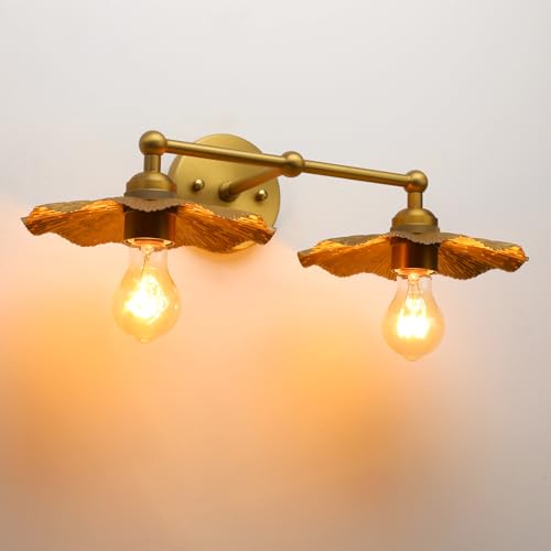 Image of Phansthy Hardwired Wall Lighting, Barn Wall Sconces Antique Brass Indoor Wall Lights with Hammered Metal Lotus Leaf Texture Shade, Vanity Wall Lamp for Bathroom Bedroom Kitchen (Two-Light 1 Pack)