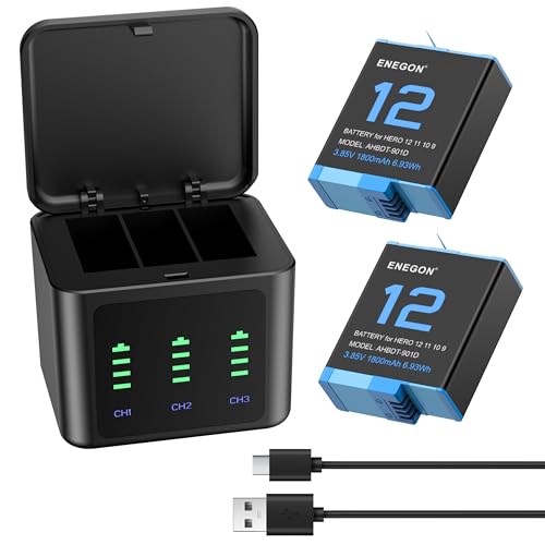 ENEGON Hero 12 11 10 9 Battery 1800mAh 2 Pack Rechargeable Li-Ion Battery and Dual Smart LCD Port Charger for Gopro Hero 12 11 10 9 Black Action Camera Battery Chargers