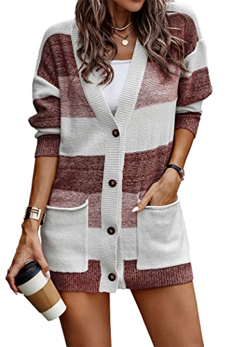 Prettygarden Women's Color Block Cardigan Long Sleeve Open Front Button Down Knit Sweater Coat With Pockets (Brick Red,X-Large) #TOP16