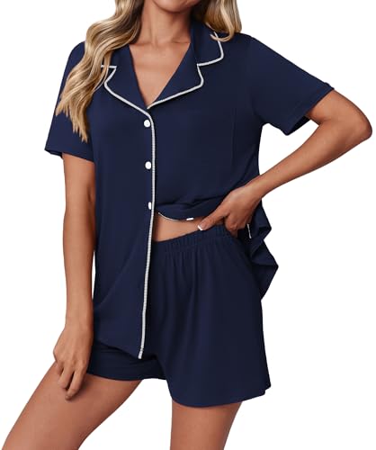 Image of Ekouaer Pajamas Set for Women 2 Piece Pjs Short Sleeve Sleepwear Button Down Lounge Shorts Sets S-XXL