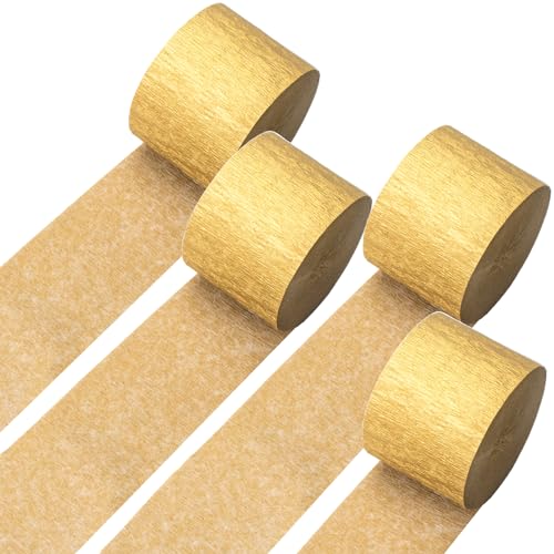 Image of Gold Crepe Paper Streamers - 4 Rolls, 328ft Gold Party Streamers for Birthday, Baby Shower, Wedding, Xmas, New Year & Halloween Decorations (1.8 in x 82 Ft /Roll)