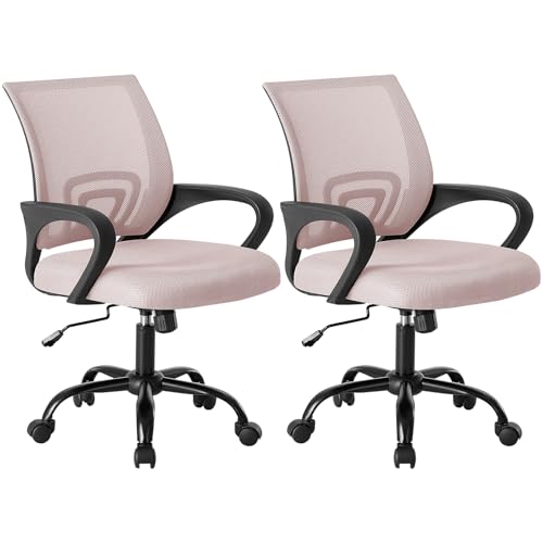Image of DUMOS Home Office Chair - Ergonomic Mid Back Mesh Desk Chair with Lumbar Support & Rocking Mode, Height Adjustable with Fixed Armrest, for Computer, Gaming, Meeting, Pink, 2 Pack