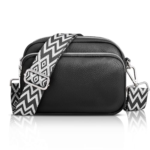 TOMEEK Bolsos Bandolera Mujer Piel Bolso Mujer Pequeño Multifunción con 3 Cremalleras Compartimentos Grandes con Larga Desmontable Ajustable Correa de Hombro(Negro,Talla única)